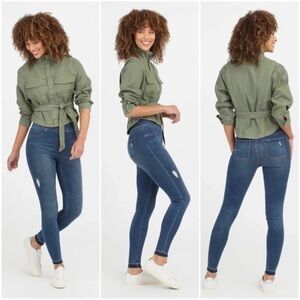 SPANX Distressed Ankle Skinny Jeans Raw Hem Womens Large Blue